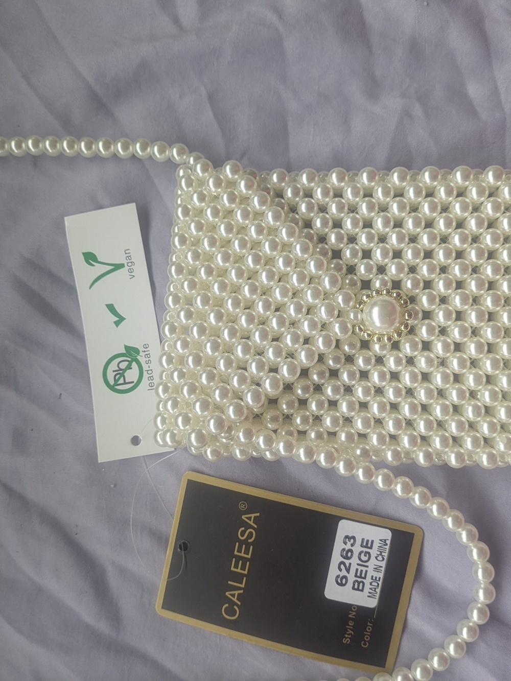 CALEE Pearl-Embellished Beige Crossbody Bag